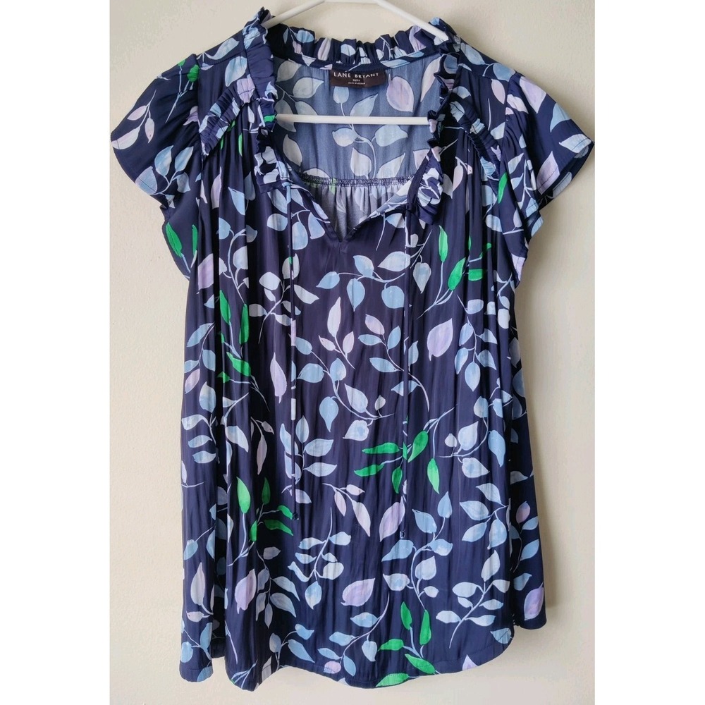 Lane Bryant Women's 10/12 Cap Flutter-Sleeve Satin Top Floral Print Blue/Green